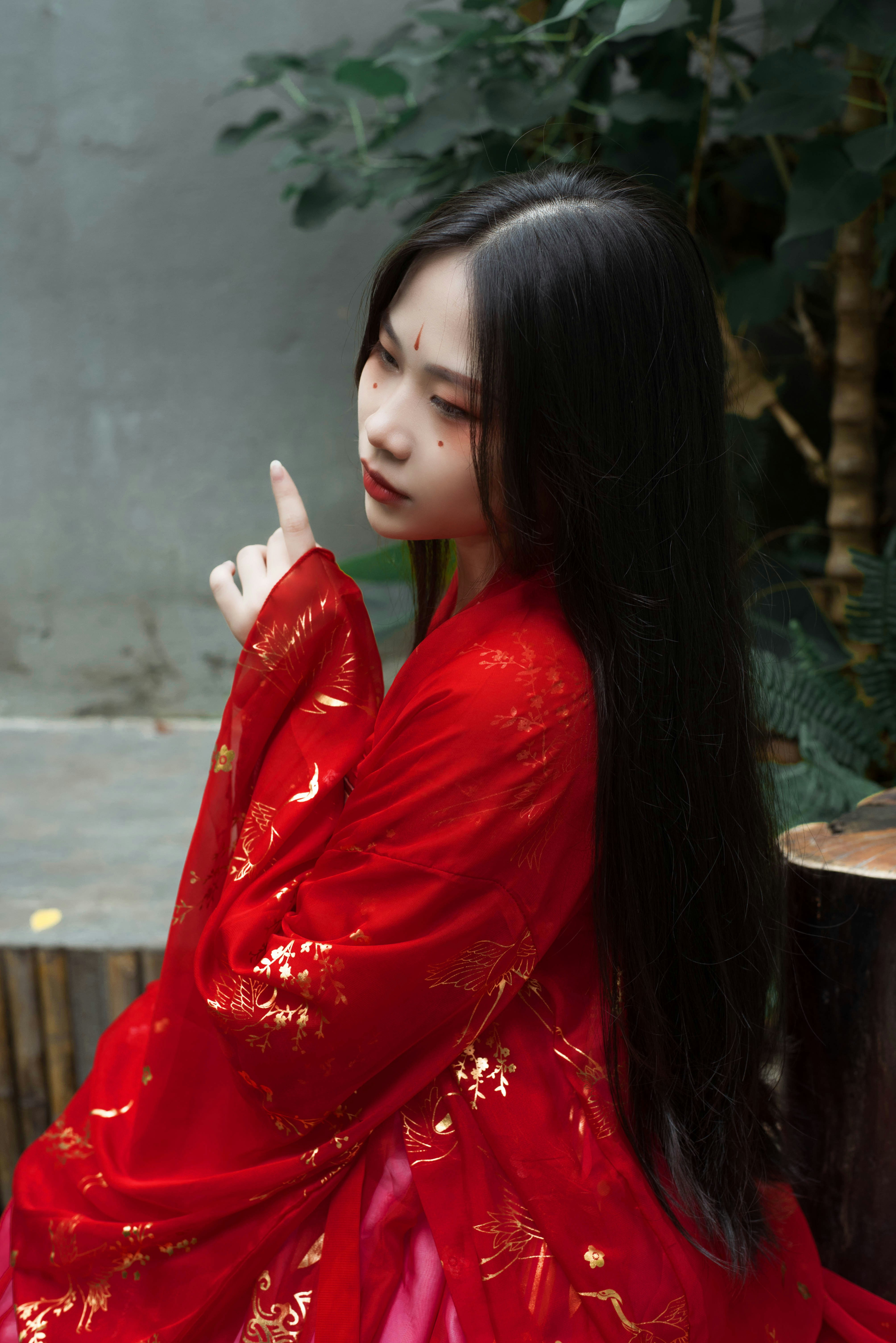 a woman in a red dress