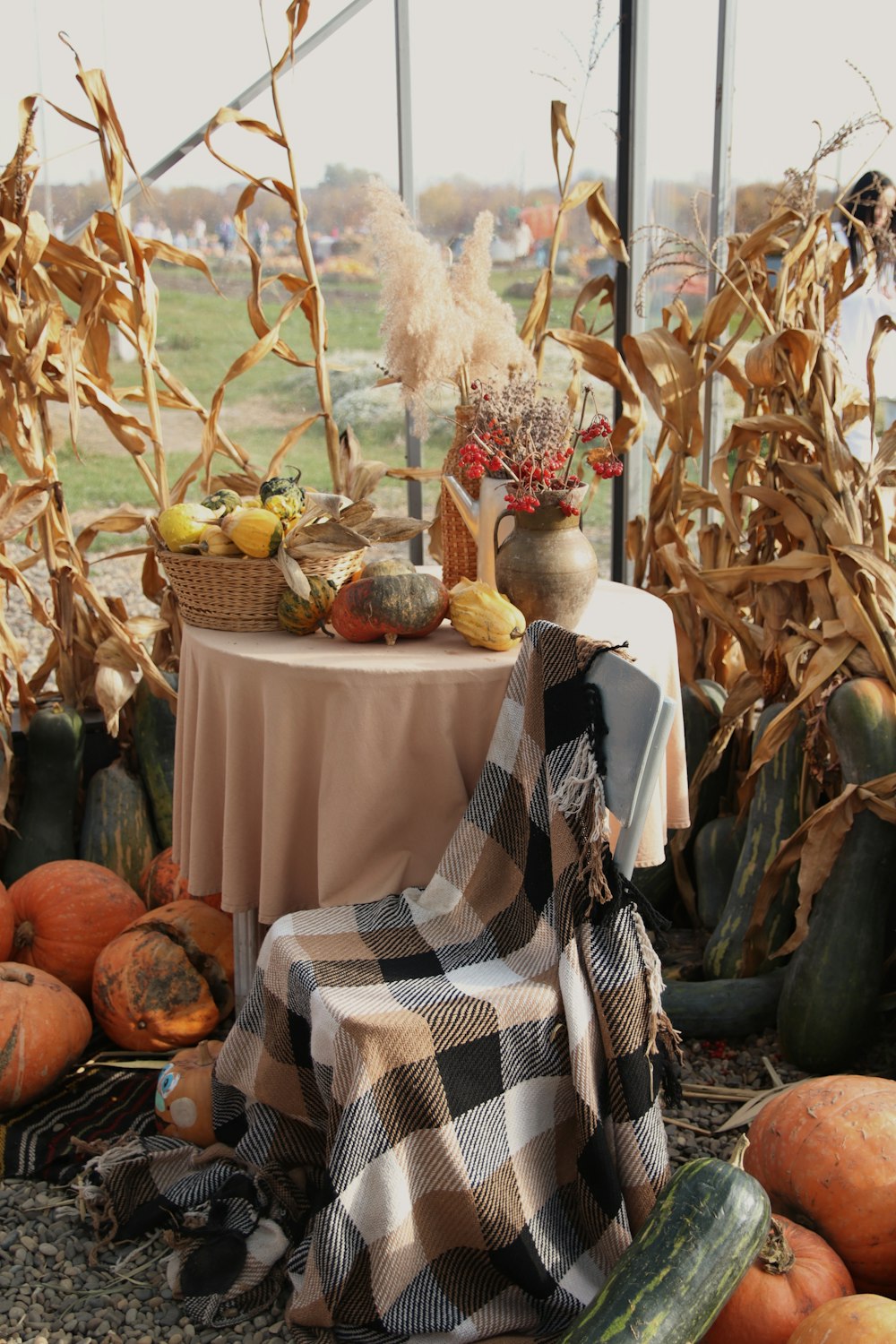 a table with a cloth and a basket of pumpkins
