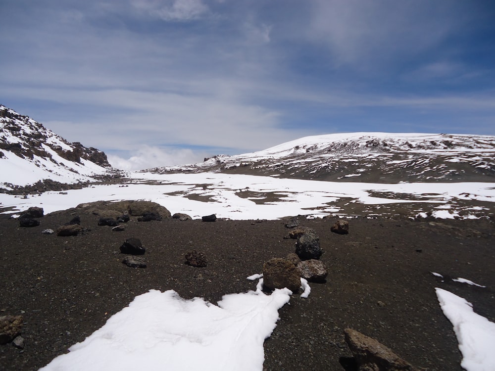 a snowy landscape with mountains