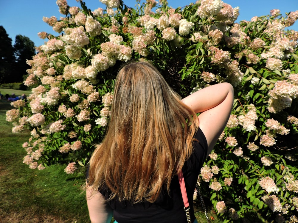a person looking at a tree with flowers on it