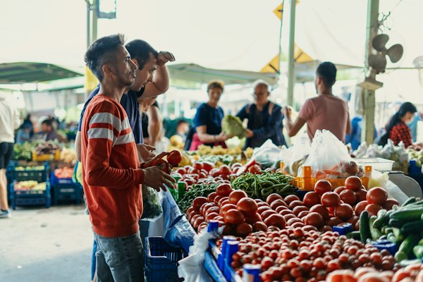 Tomatoes and peppers on a stall at the Datça market