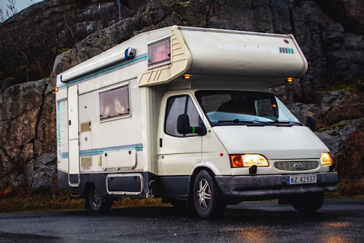 Vintage motorhome at dusk