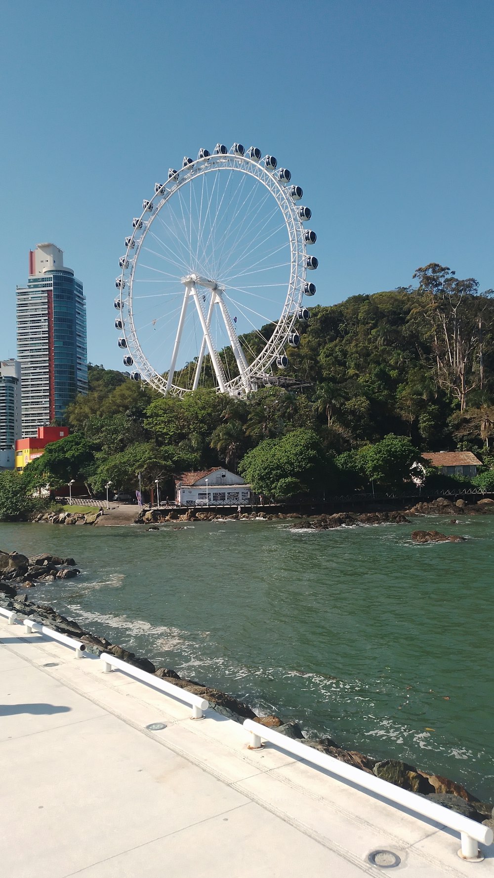 a ferris wheel by a body of water