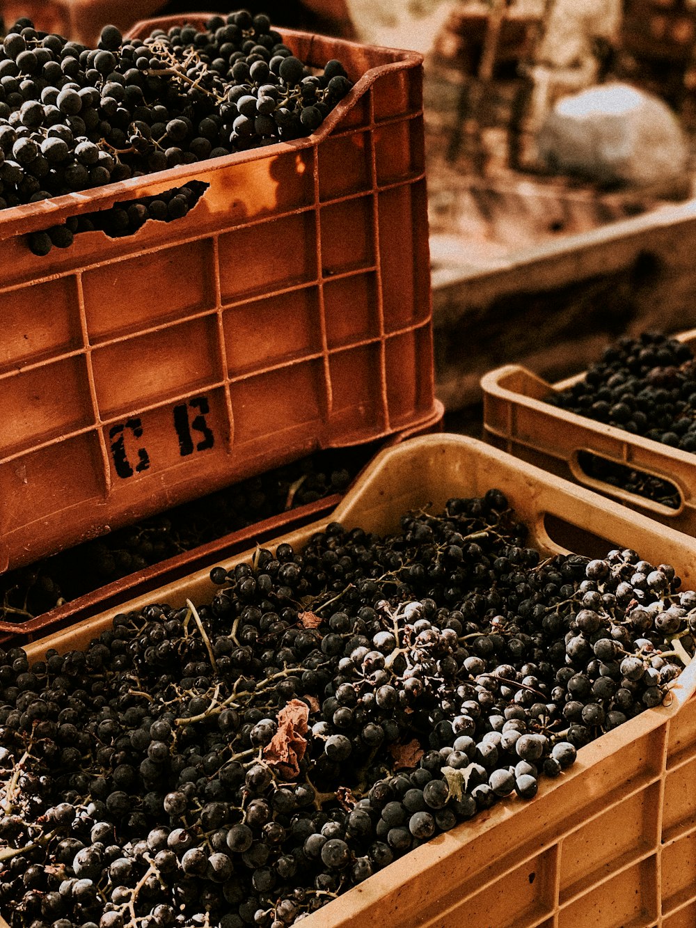 a group of fruits in baskets