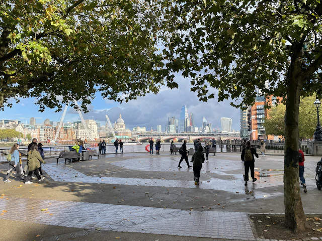 The Thames-side promenade on London's South Bank with pedestrians and trees, looking across the river toward the City skyline.