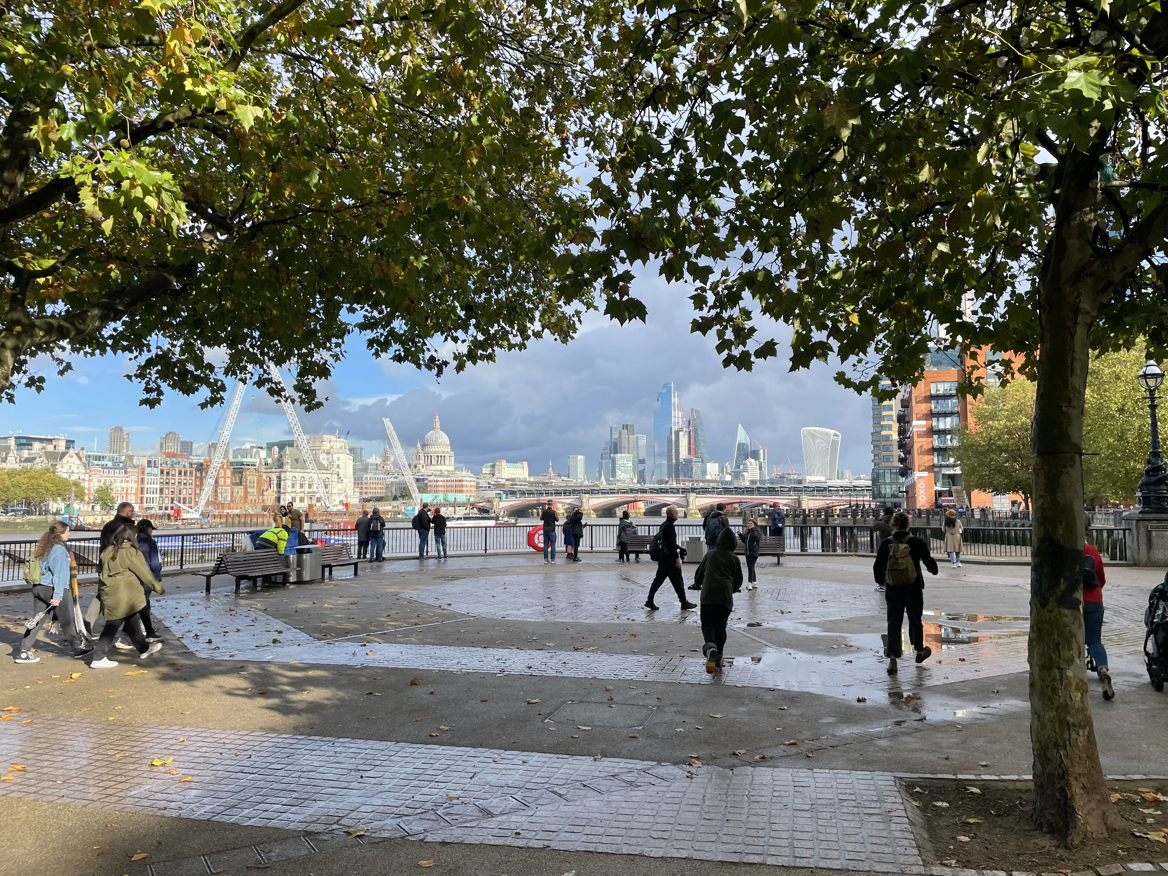 People strolling along the tree-lined South Bank promenade by the Thames