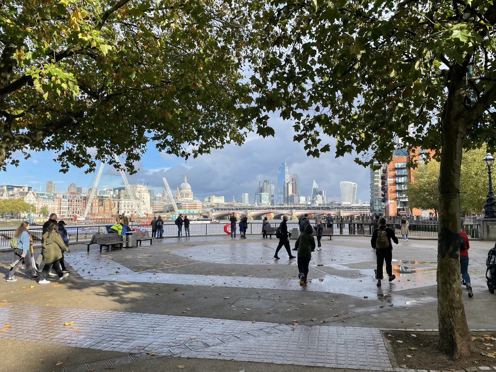 Travel photograph: People moving along the wet South Bank promenade beneath trees after rain.