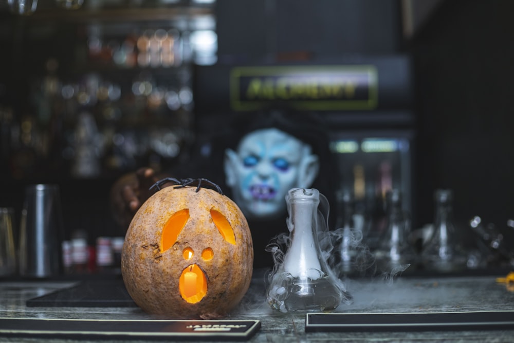 a carved pumpkin on a counter