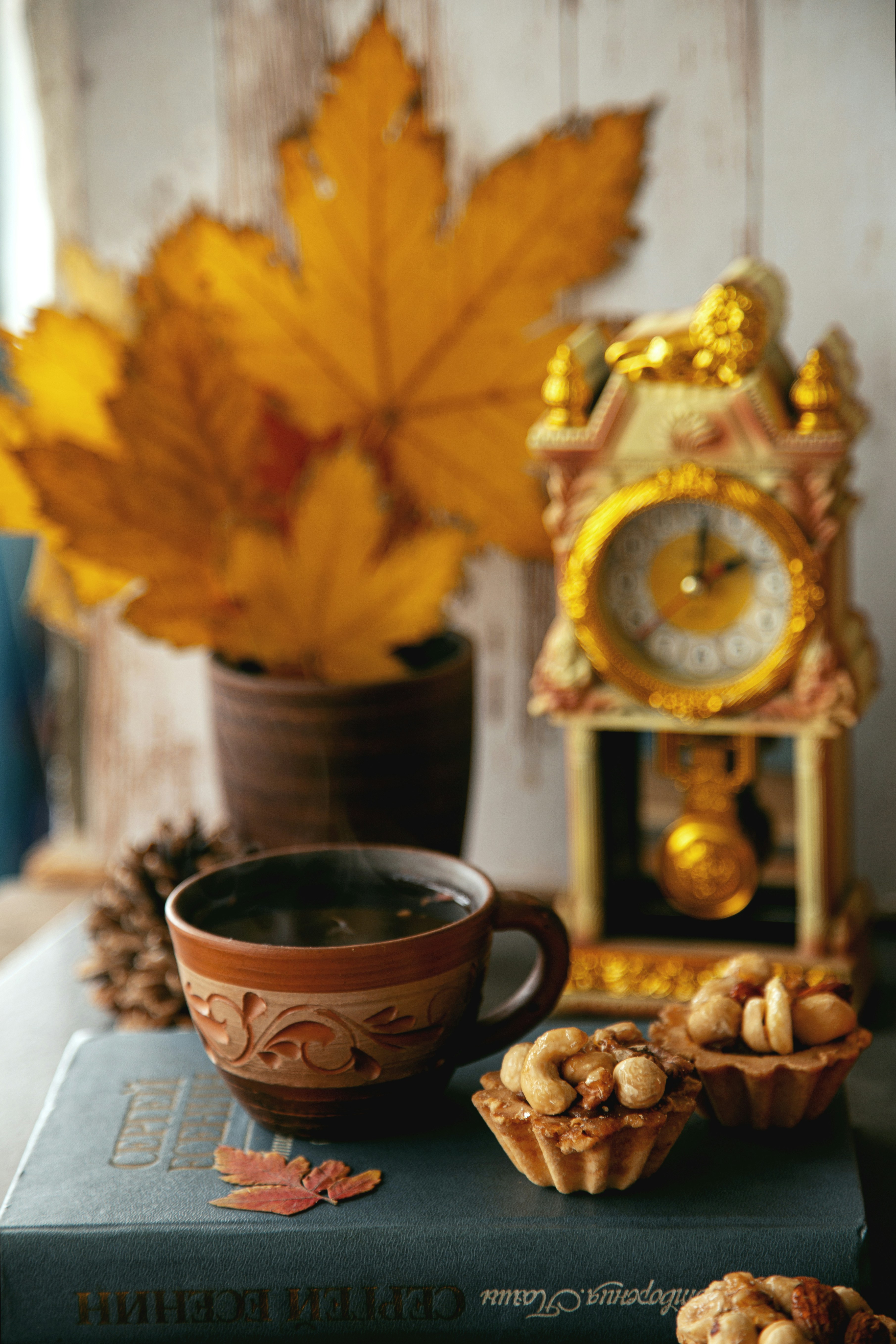 a clock and some flowers