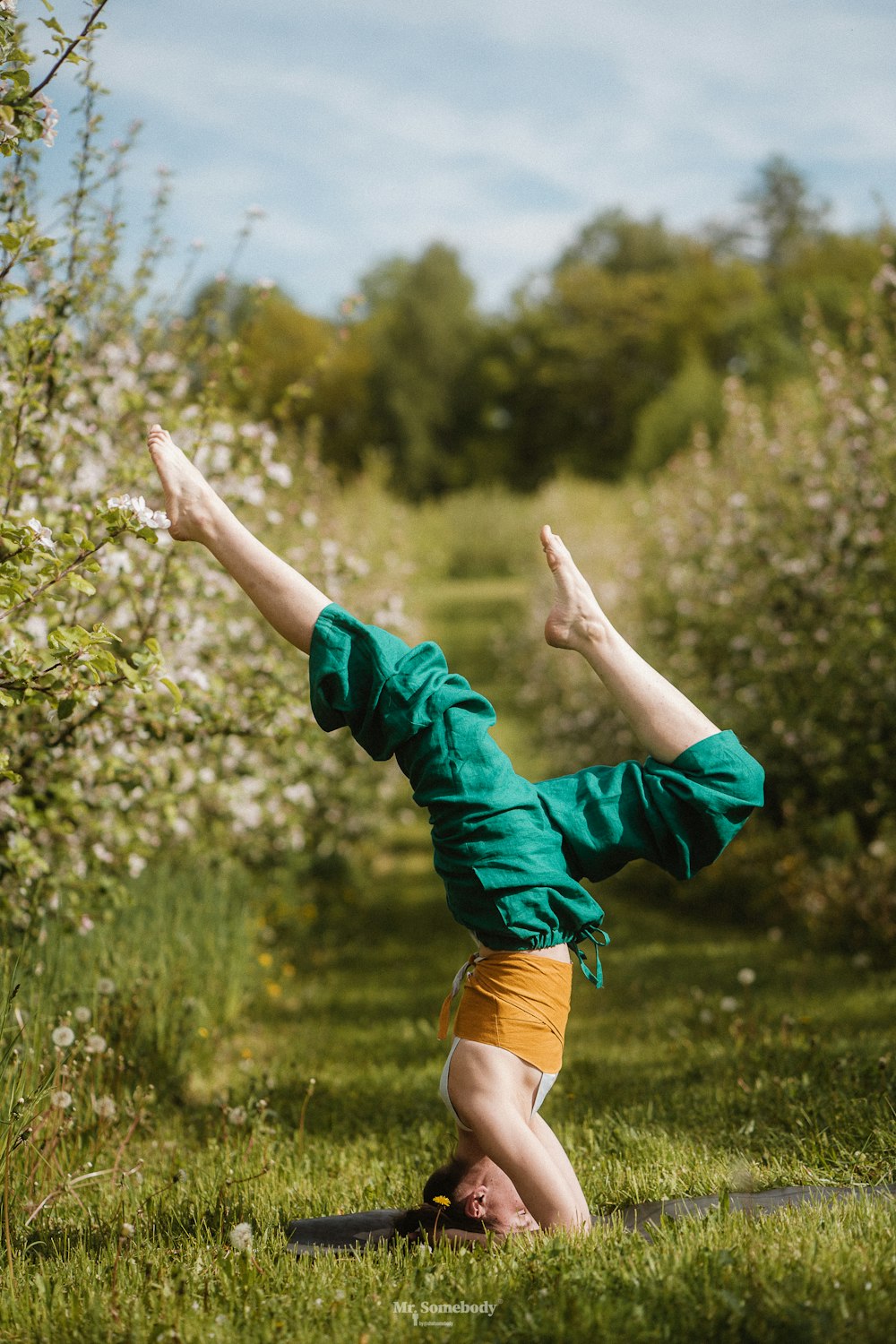 a person doing a handstand in a grassy field