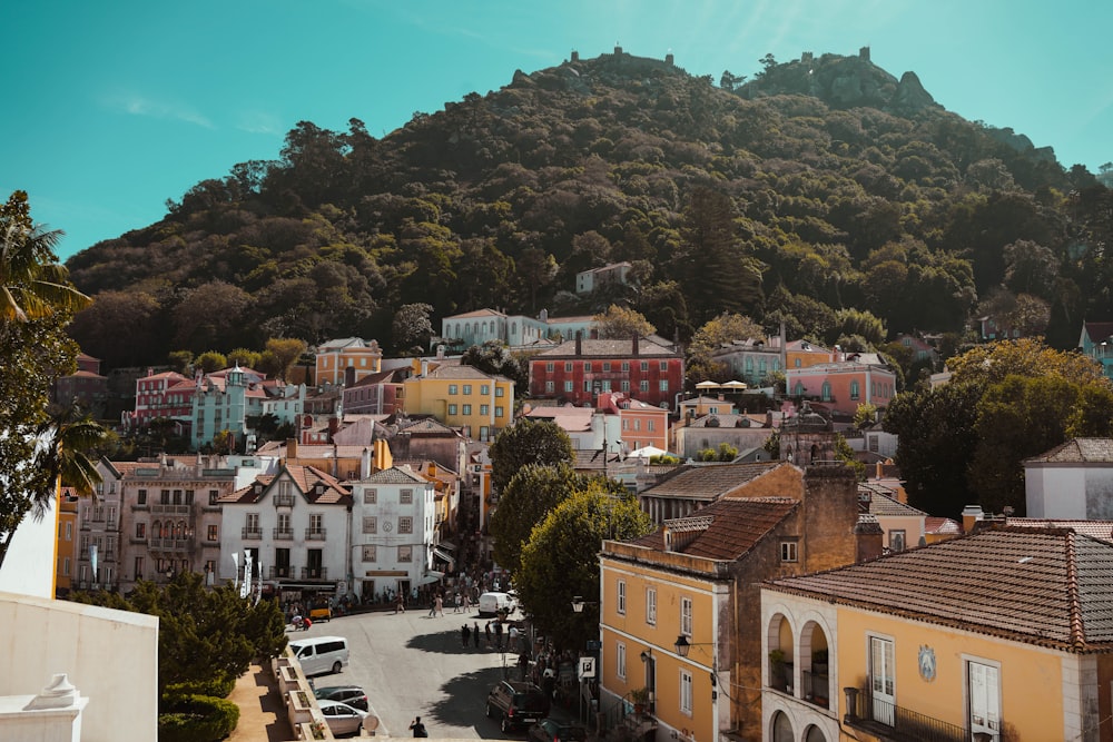 a city with a hill in the background