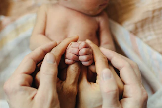 Delicate linear illustration of hands warmly holding a newborn’s tiny hand.
