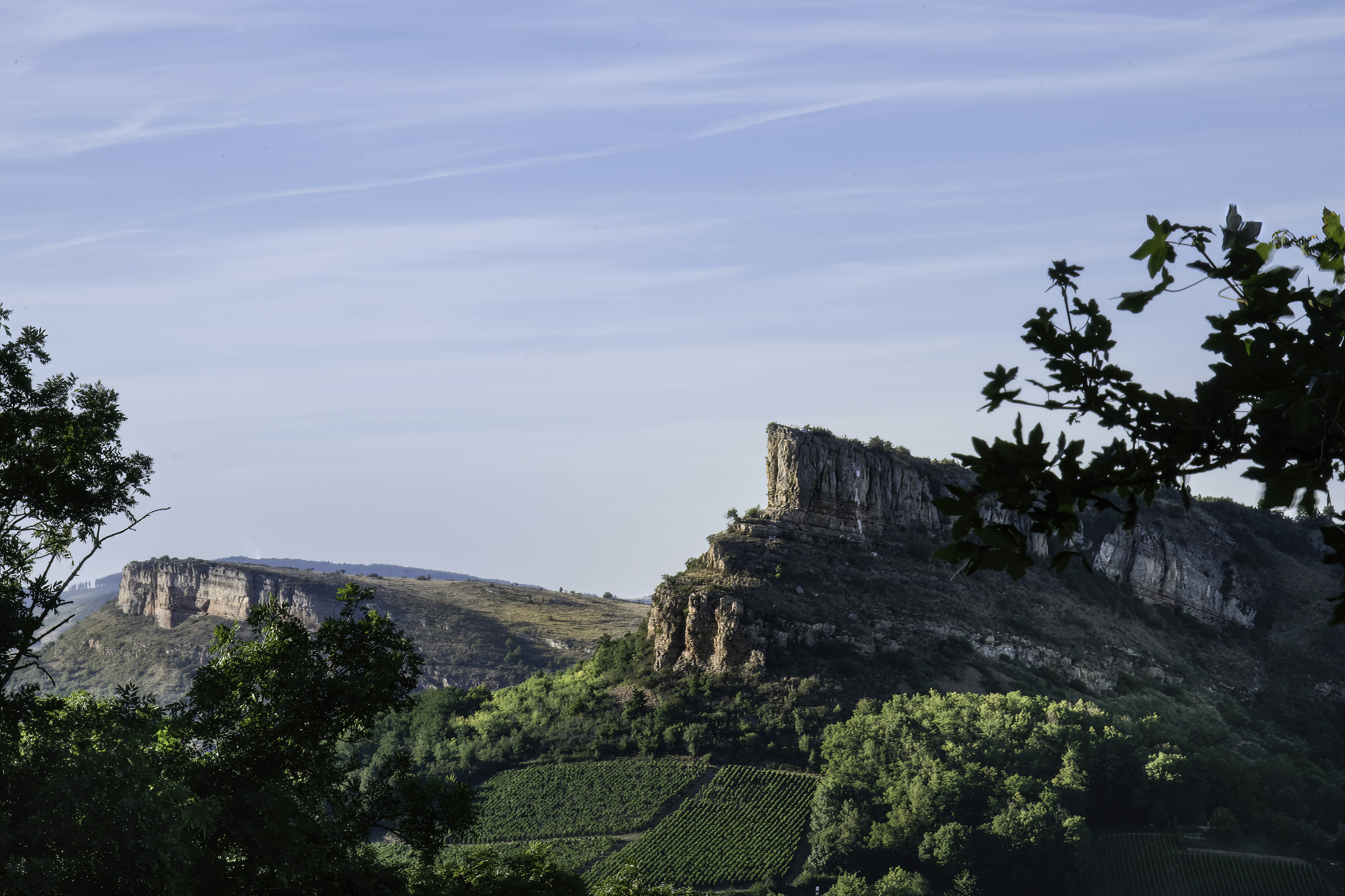 a cliff with trees and a fence, La Roche de Solutré et la Roche de Vergisson en second plan au couchant. The rock of Solutré and the rock of Vergisson in the background at sunset.