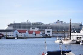 A large cruise ship is docked near a waterside town. The ship is massive, with multiple decks and identifiable signage on its side. Various smaller buildings with red and white exteriors are visible along the water's edge. Smaller boats are anchored nearby, adding to the maritime atmosphere.