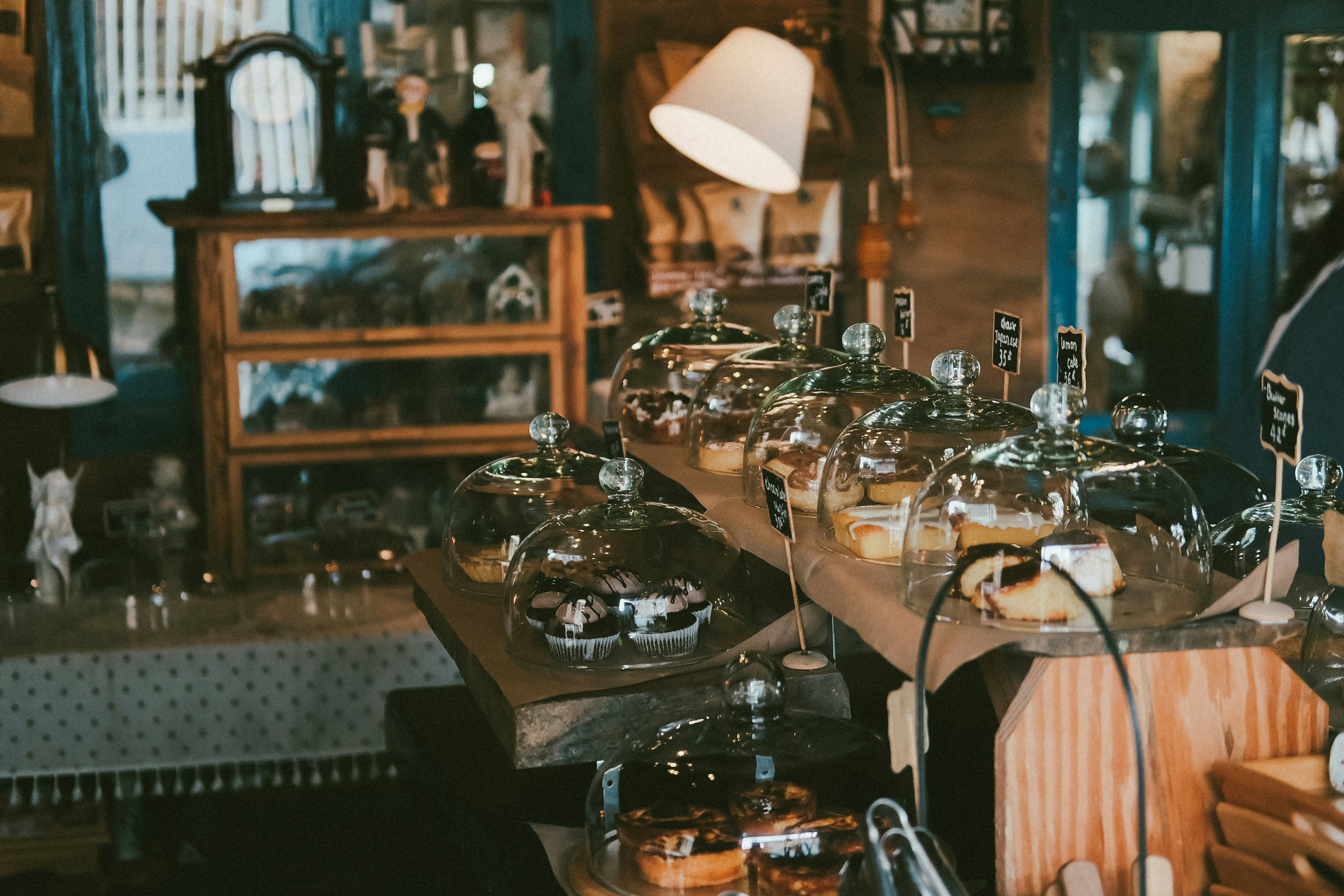 a table with a glass display