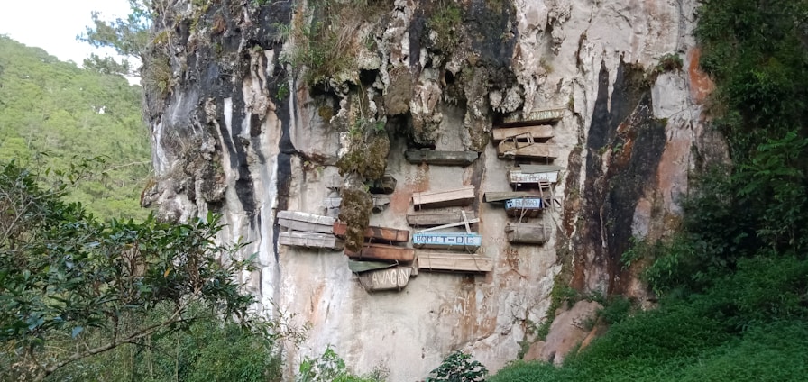 Wooden coffins are mounted on the side of a sheer rock cliff, surrounded by lush greenery and trees. The weathered appearance of the coffins suggests an ancient burial practice. Some coffins have names painted or carved on them, and they are stacked at varying angles.