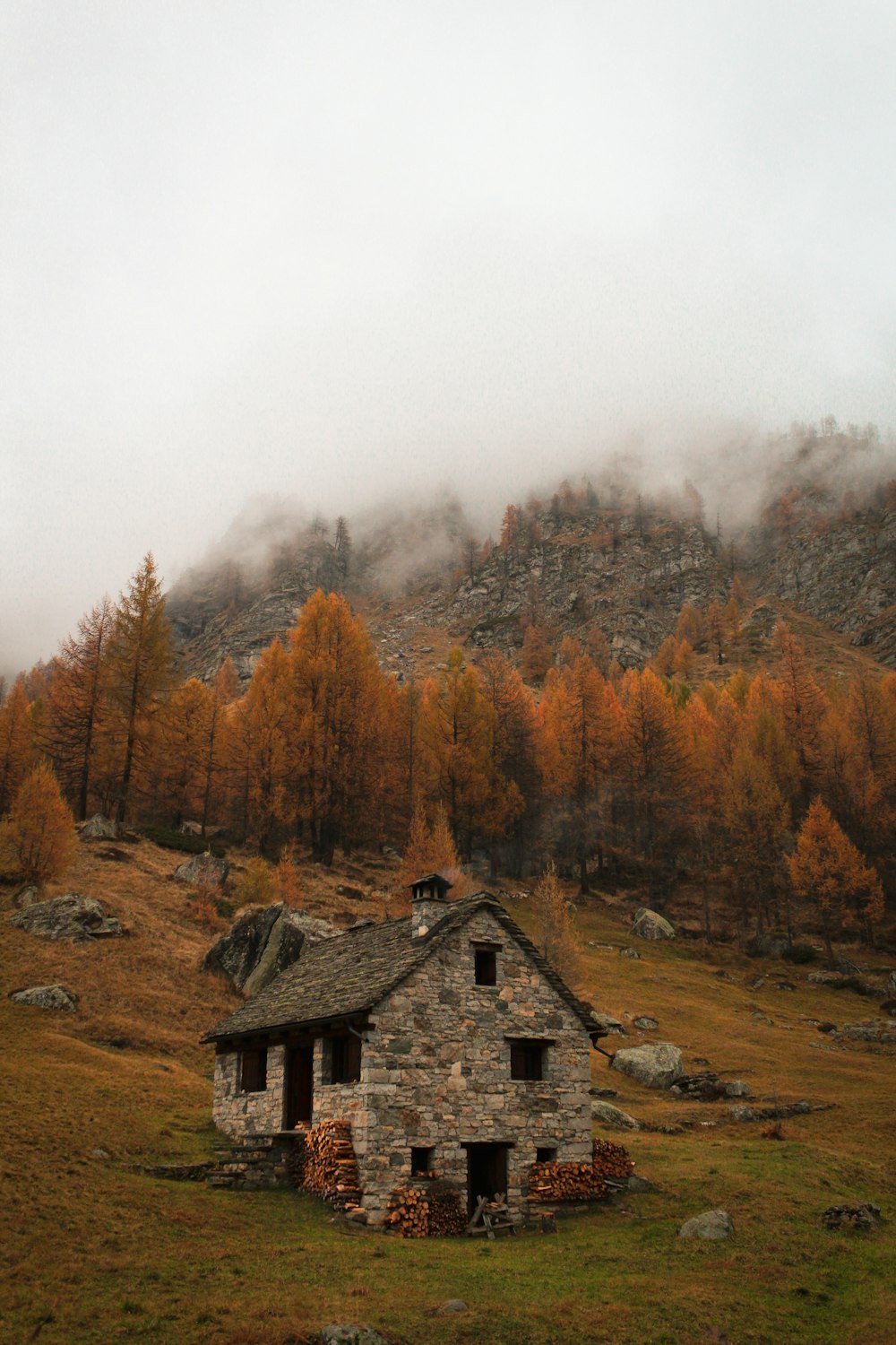 a stone house on a hill with trees in the background