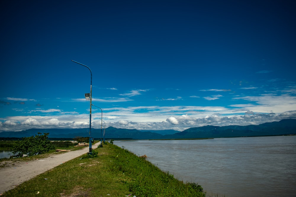 um caminho ao lado de um corpo de água com grama e um poste de luz