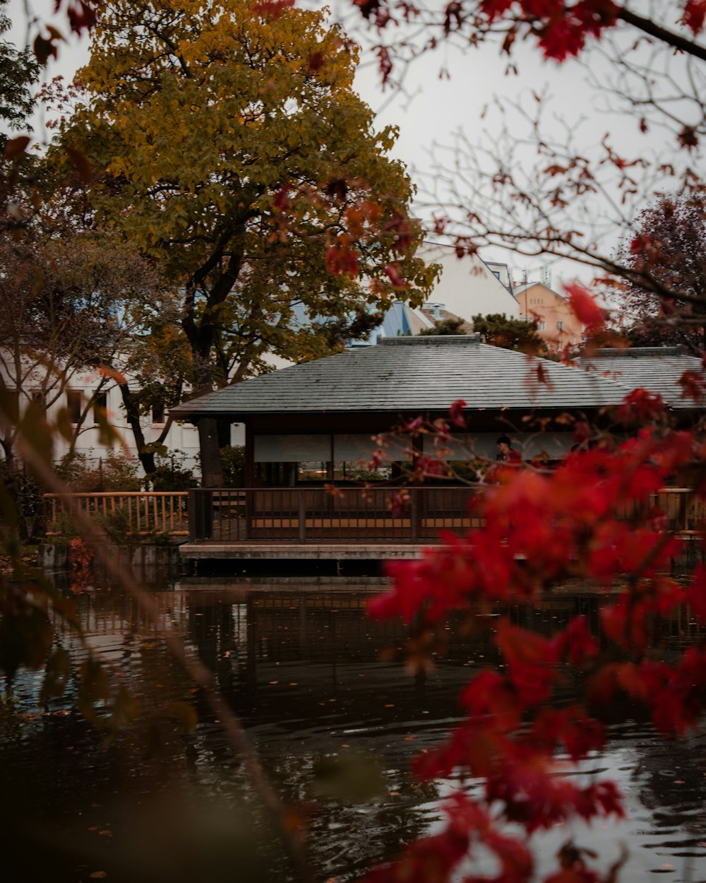 a house with a pond in front of it