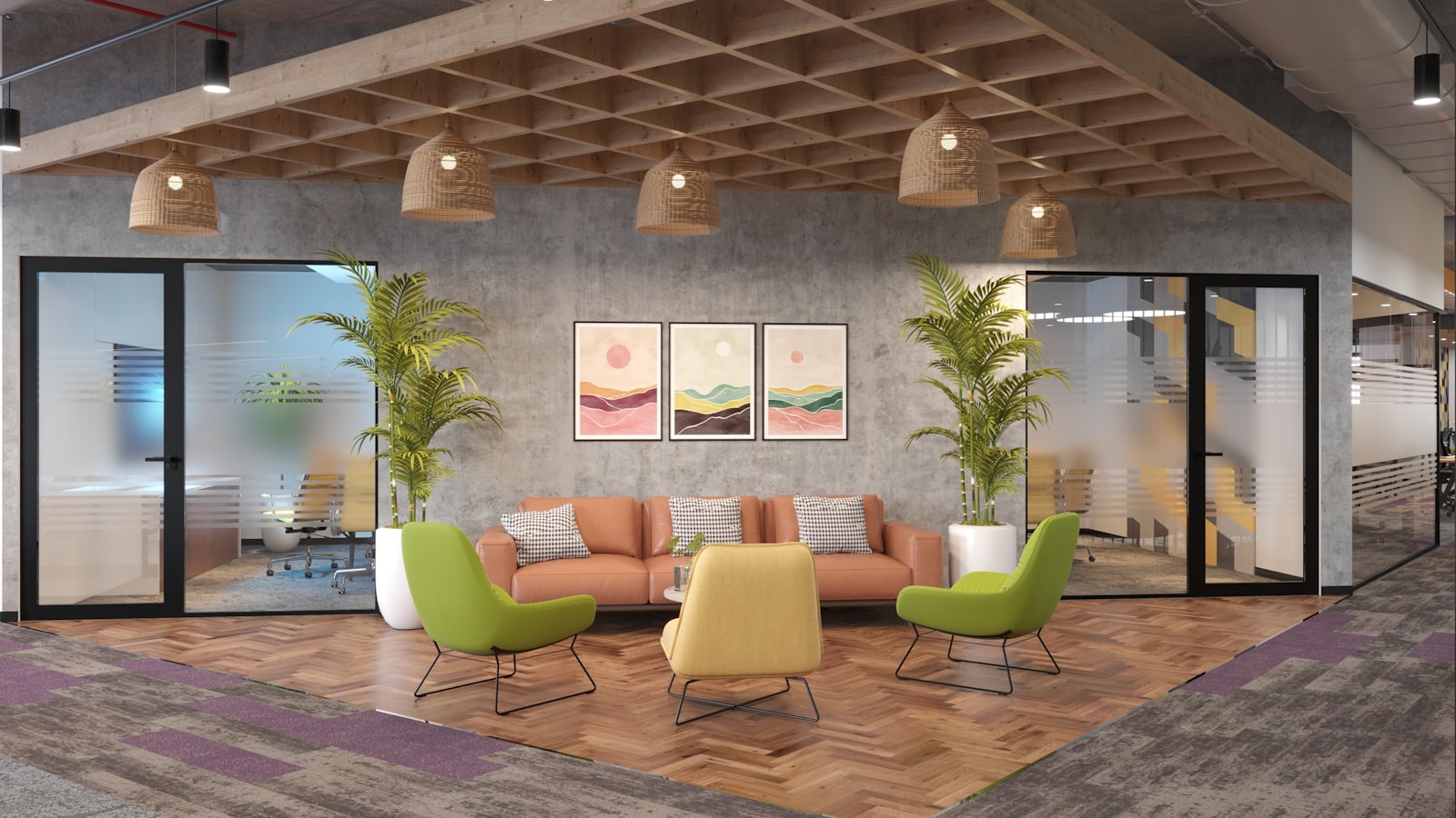 Elegant commercial interior with designer furniture and plants