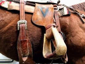 A close-up view of a brown horse equipped with a well-worn leather saddle and stirrups. The saddle features intricate stitching and a prominent V-shaped emblem on the leather, along with polished metal buckles and straps. A patterned blanket is also visible beneath the saddle.