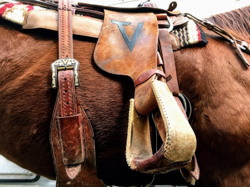 A close-up view of a brown horse equipped with a well-worn leather saddle and stirrups. The saddle features intricate stitching and a prominent V-shaped emblem on the leather, along with polished metal buckles and straps. A patterned blanket is also visible beneath the saddle.