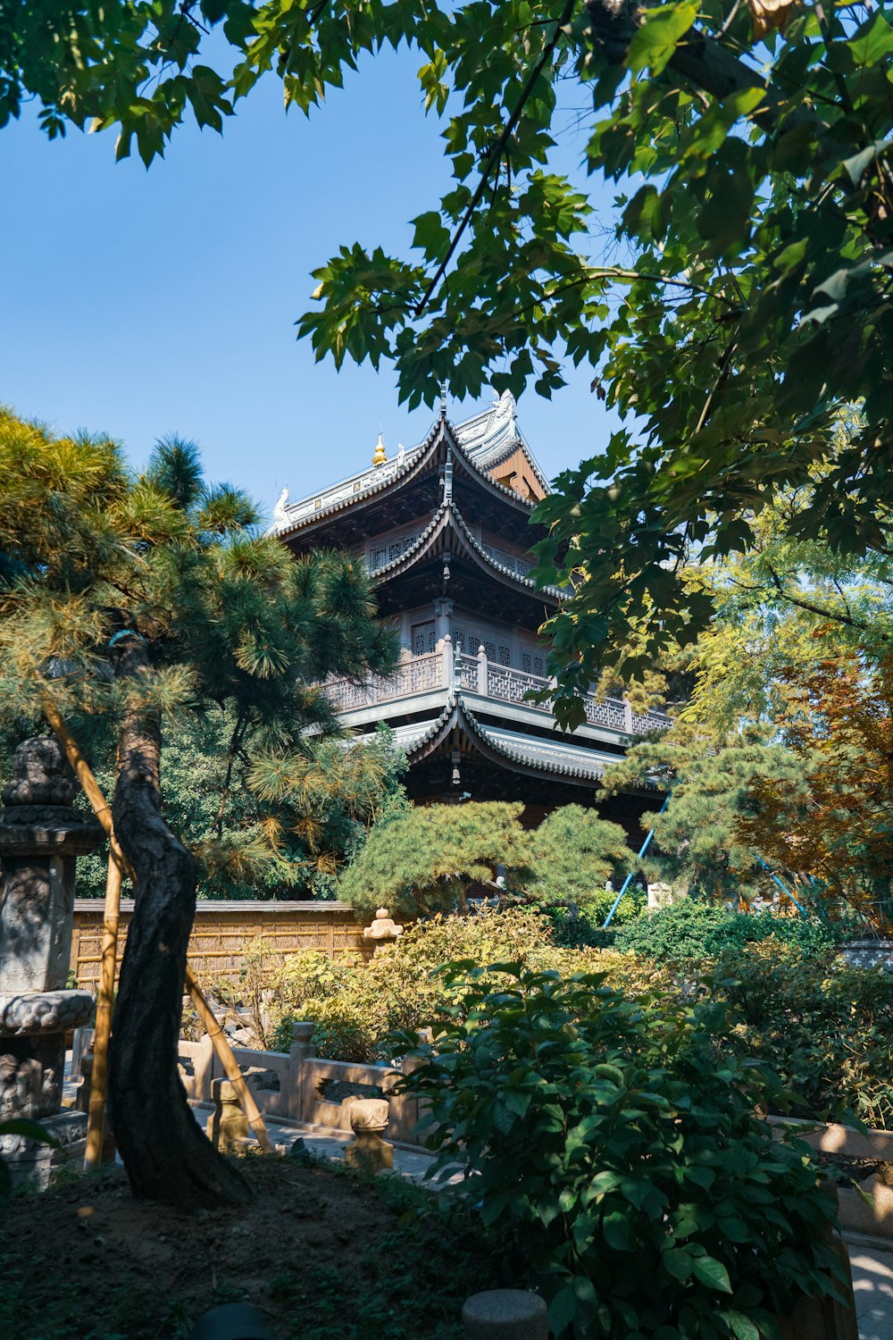 a pagoda with trees around it