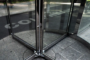 a glass door with a drawing on it