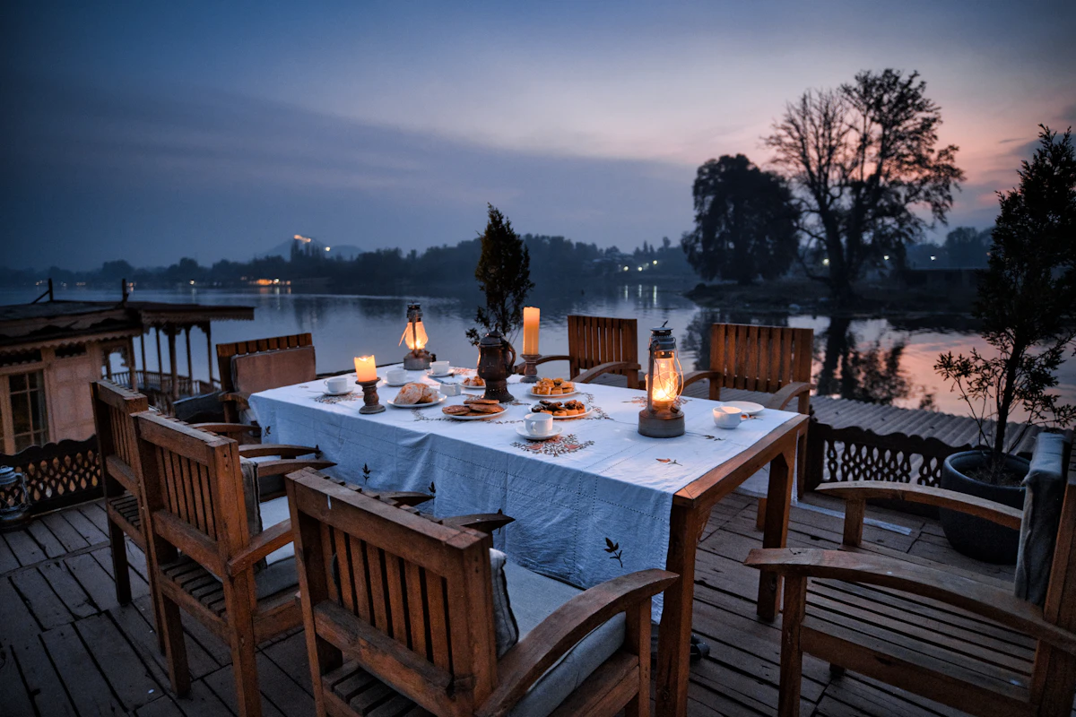 Waterside dining on deck overlooking backwaters
