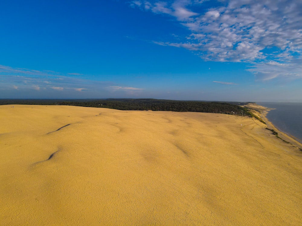 a sandy area with a body of water in the background