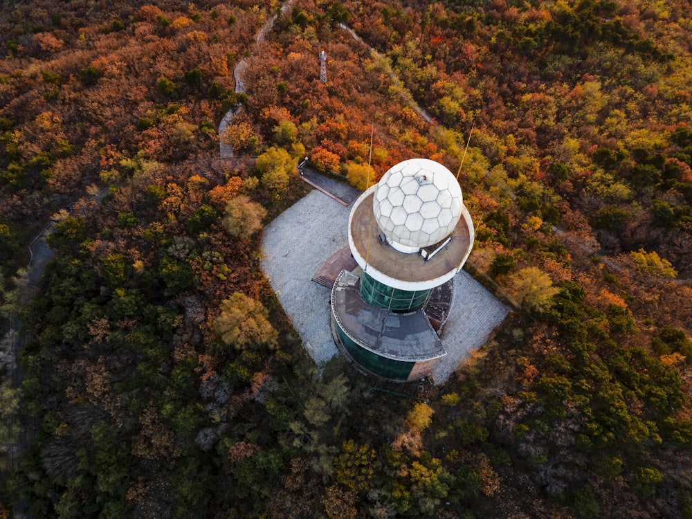 a circular structure surrounded by trees