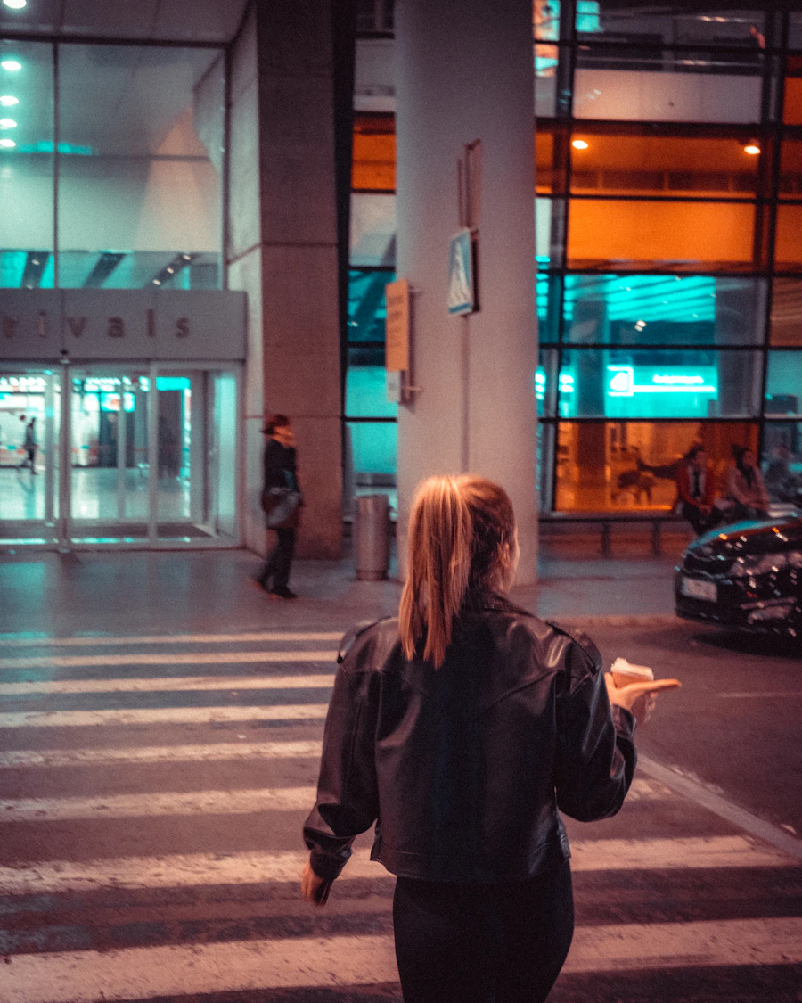 A young adult walking through the city with a coffee