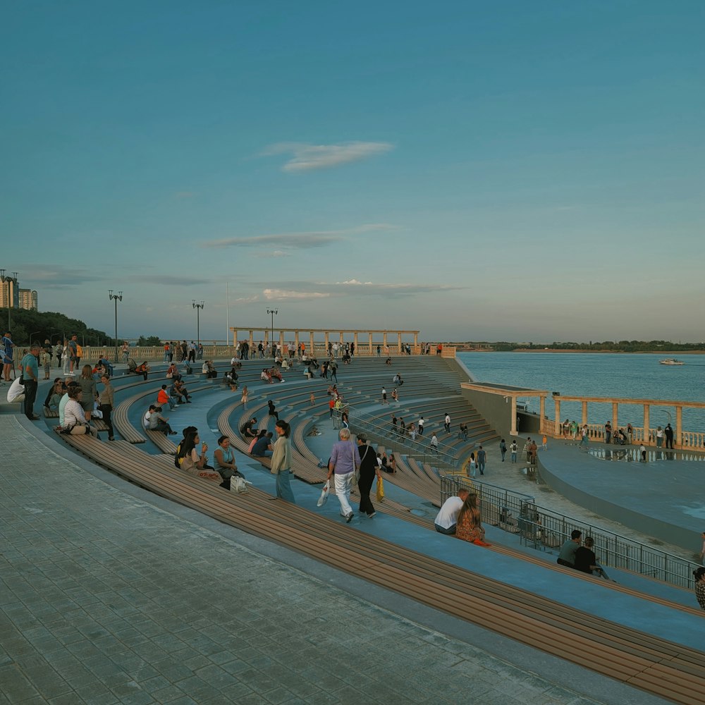 a group of people on a dock