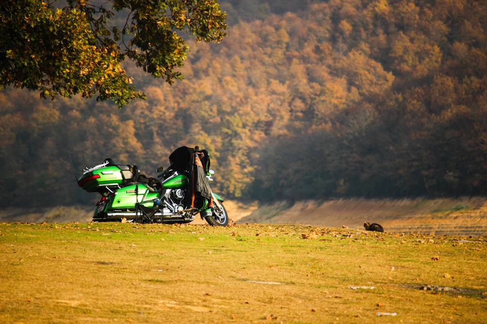 a motorcycle parked in a field