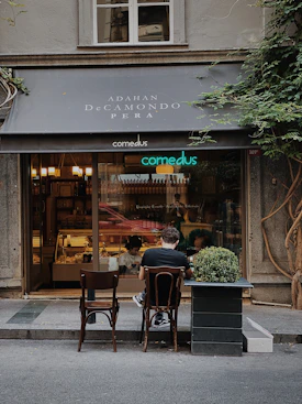 a group of people sitting outside a restaurant
