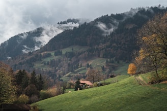a house on a hill with trees and mountains in the background