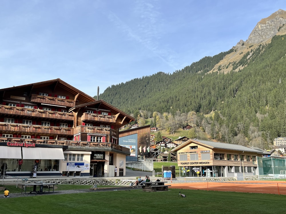 a building with a mountain in the background