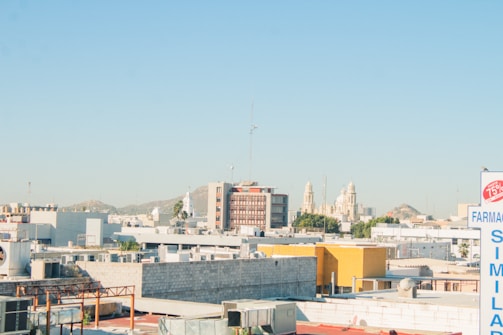 A panoramic shot of Aguascalientes downtown with business buildings and urban life