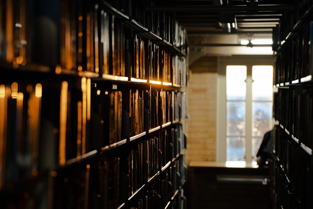 a room with bookshelves