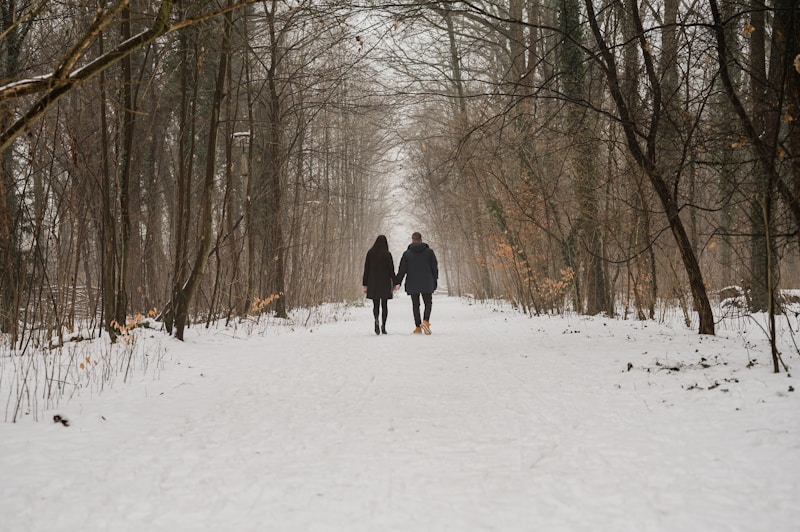 Couple walking on snow path