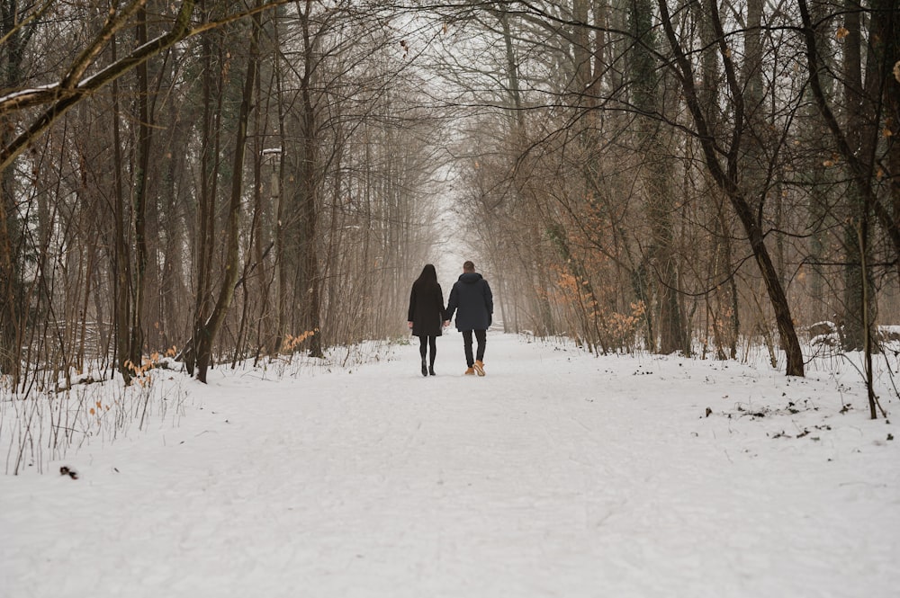 two people walking in the snow