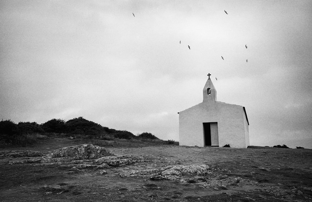 a church with birds flying around