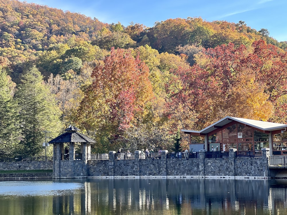 a house on a dock by a lake with trees in the background