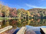 A serene lake reflecting autumn trees with a couple sitting on a dock.