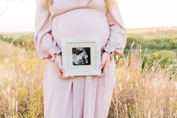 A pregnant woman wearing a light pink dress is standing in a field of dry grass. She is holding a framed ultrasound image in front of her belly. The background shows a scenic view with green foliage under a soft, bright sky.
