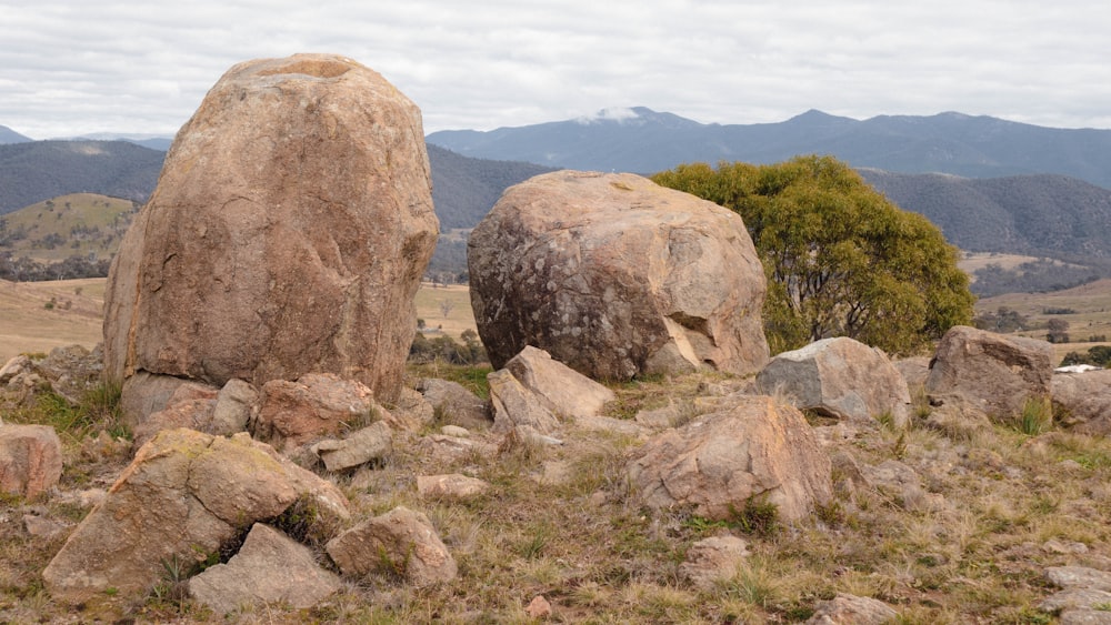 a large boulder in a field