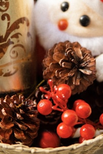 A close-up of festive Christmas decorations, including brown pinecones, vibrant red berries, and part of a Santa Claus figure. A decorative item with a golden design is also visible.