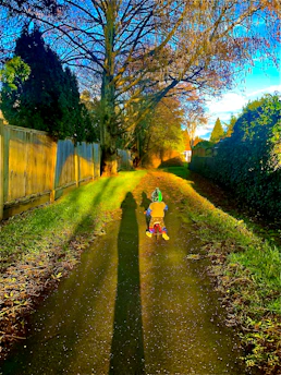 A joyful child riding a bright red bike down a sunny park path lined with colorful flowers.