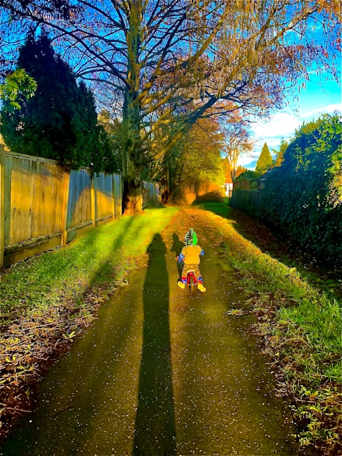 A happy child riding a bicycle in a sunny park.