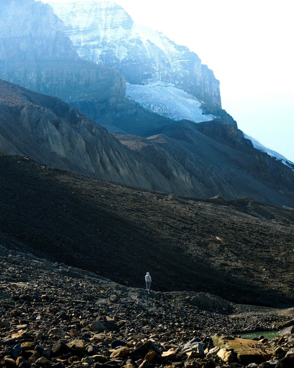 a person standing on a rocky hillside